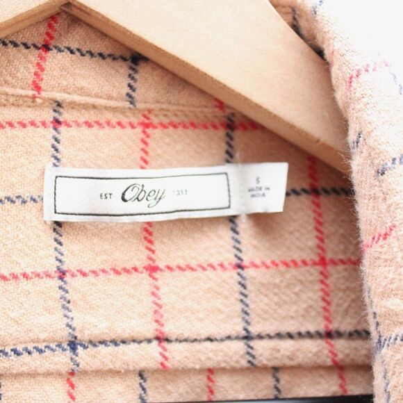 Obey Women's Tan Plaid Button-Up Fleece Shirt Shacket Size Small - Picture 2 of 9